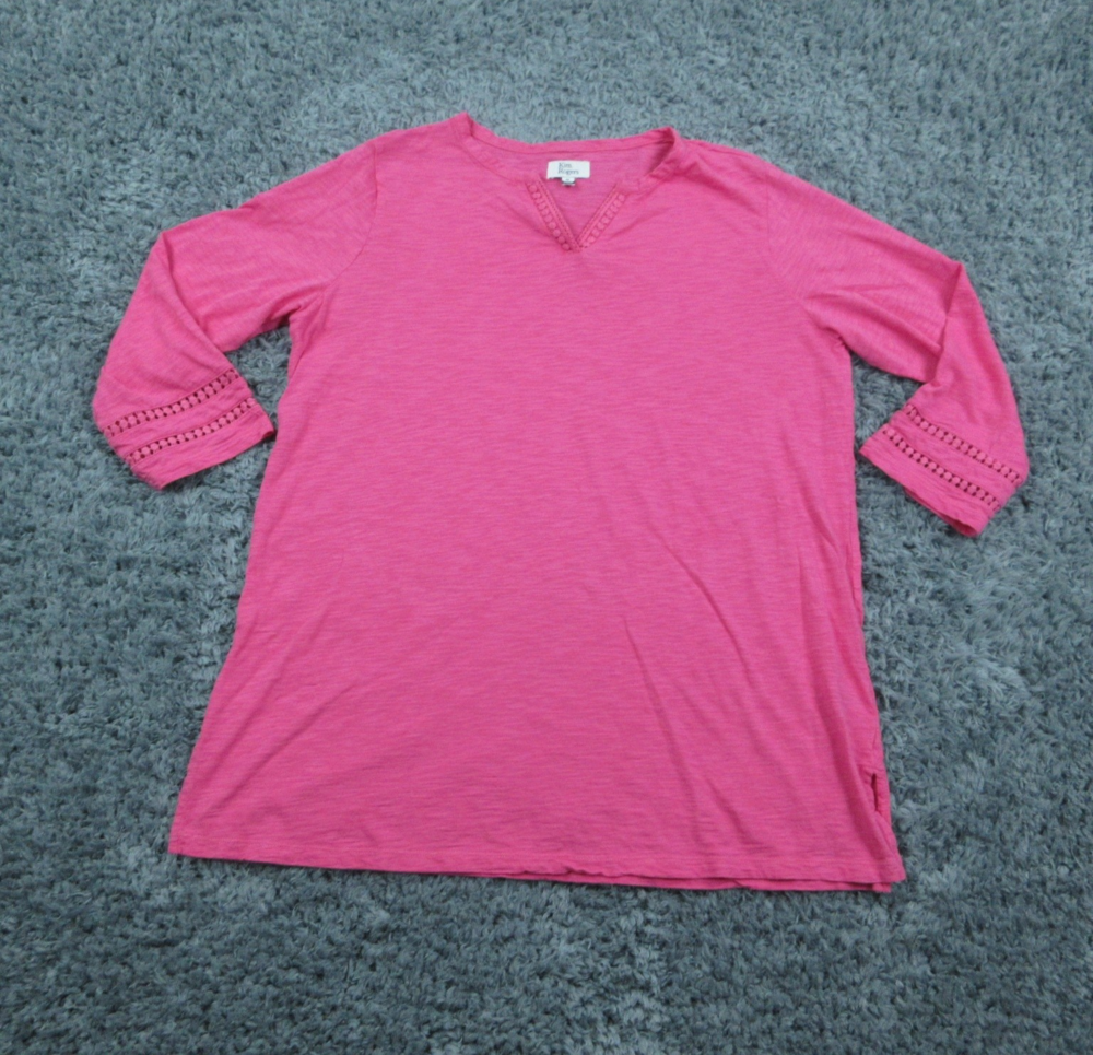 Kim Rogers Top Womens Medium Pink 3/4 Sleeve Tunic Boho Crochet Trim Lightweight